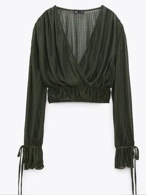 Zara Pleated Wrap Crop Top Olive Green - Medium
